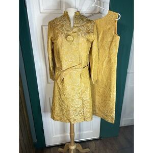 Vintage Gold Brocade Dress Set With Mandarin Collar  Jacket & Matching Sleeveles